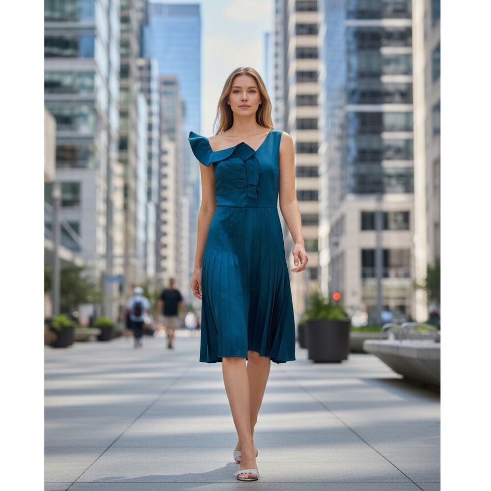 Flor Et.Al One Shoulder Teal Pleated Cocktail Dress Size 2 Asymmetrical Formal - Picture 1 of 10